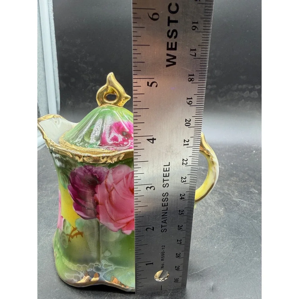Vintage Hand Painted Porcelain Rose Creamer Pitcher with Saucer and Lid Gilt